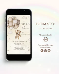 Convite Chá de Bebê Ursinho Neutro