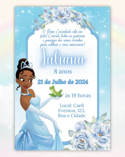 Convite A princesa e o Sapo Tiana Azul