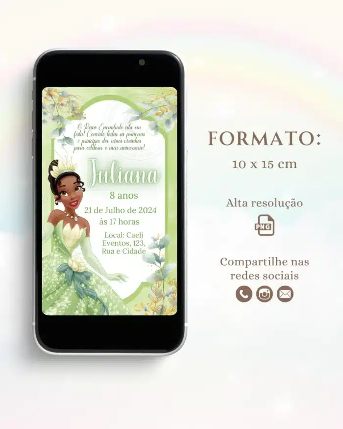 Convite A princesa e o Sapo Tiana Verde