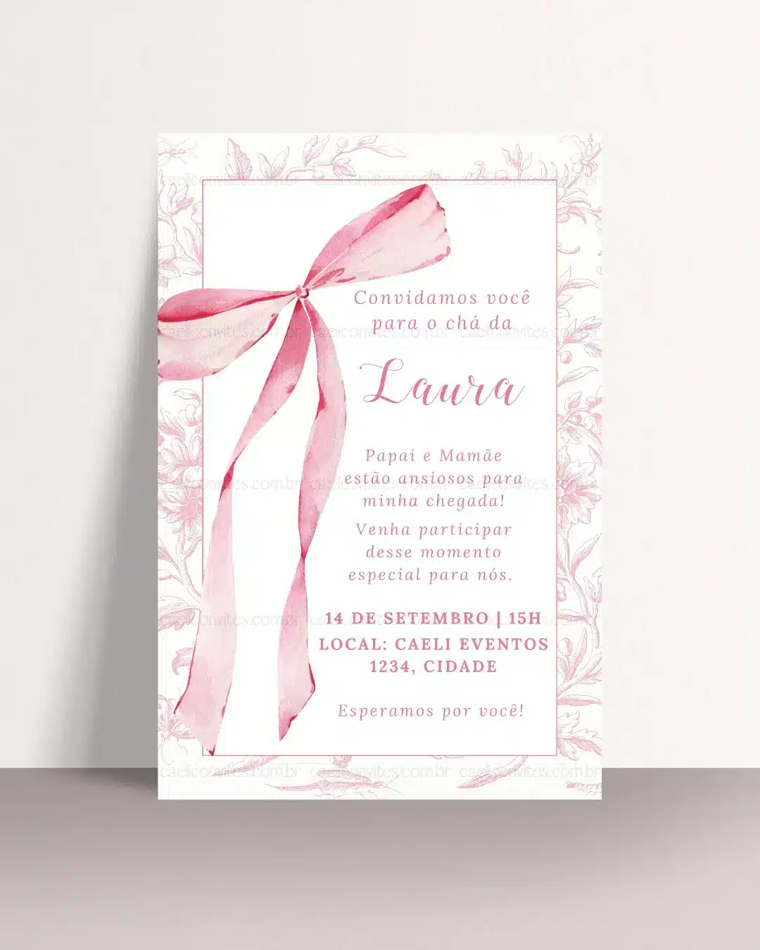 Convite Chá de Bebê Laço Rosa