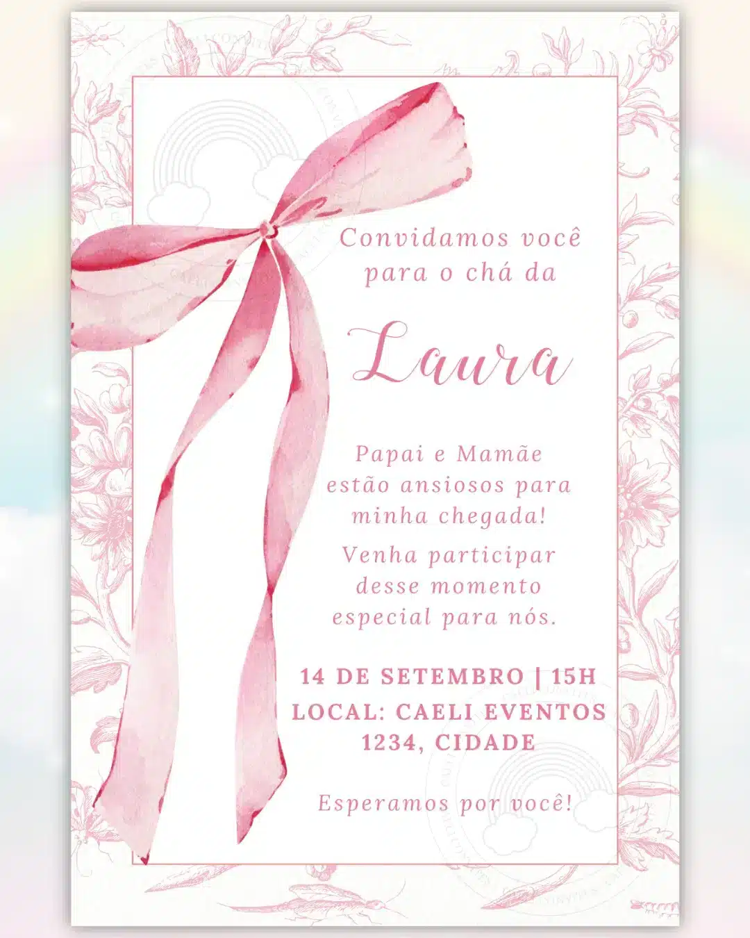 Convite Chá de Bebê Laço Rosa