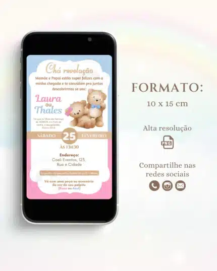 Convite Chá Revelação Azul e Rosa 7