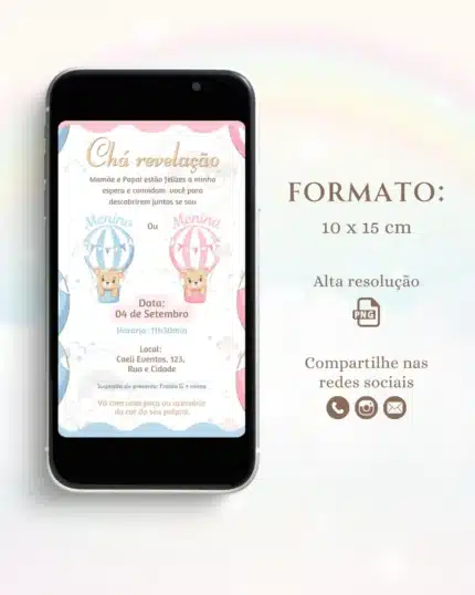 Convite Chá Revelação Azul e Rosa 8