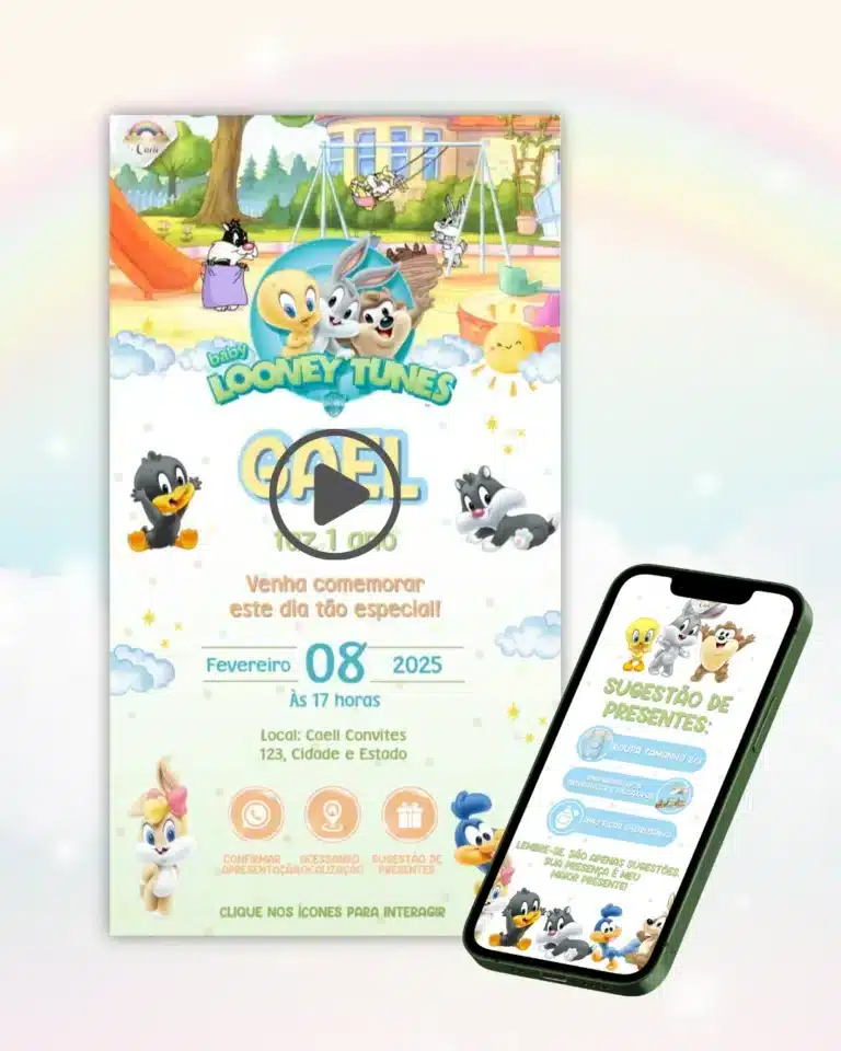 Convite Baby Looney Tunes Animado Interativo Menino