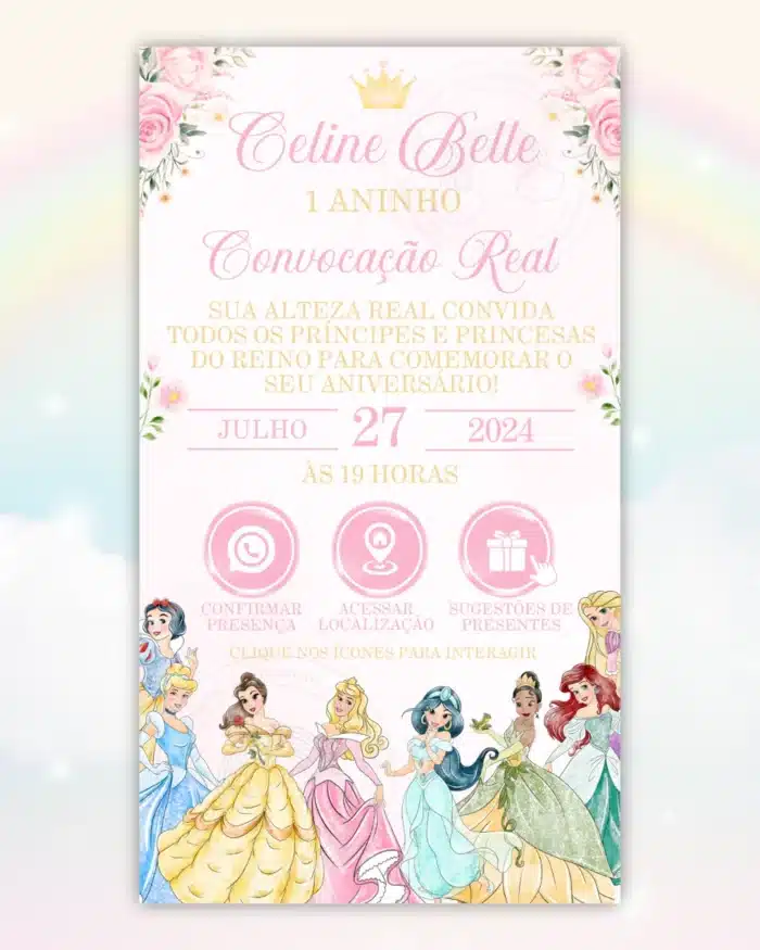 Convite Interativo Princesas da Disney Aquarela