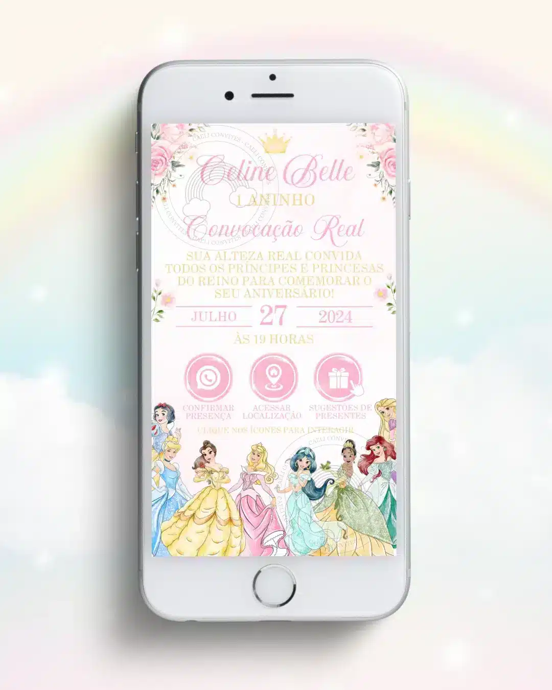 Convite Interativo Princesas da Disney Aquarela