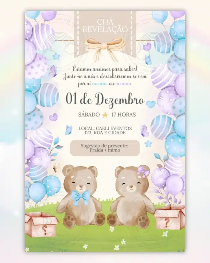 Convite Chá Revelação Azul e Lilás 1