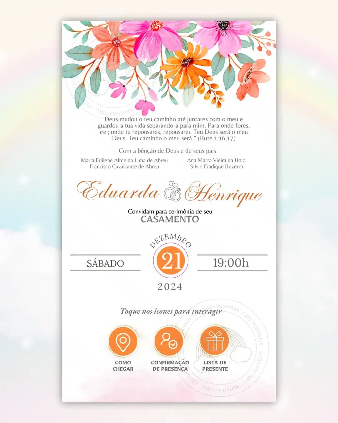 Convite de Casamento Interativo Fúcsia e Laranja 1
