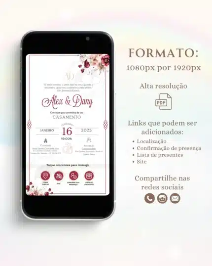 Convite de Casamento Interativo Vermelho e Rosa 1