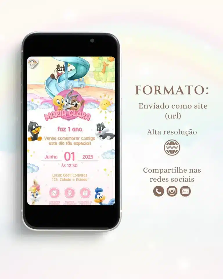 Convite Baby Looney Tunes Animado Interativo Menina