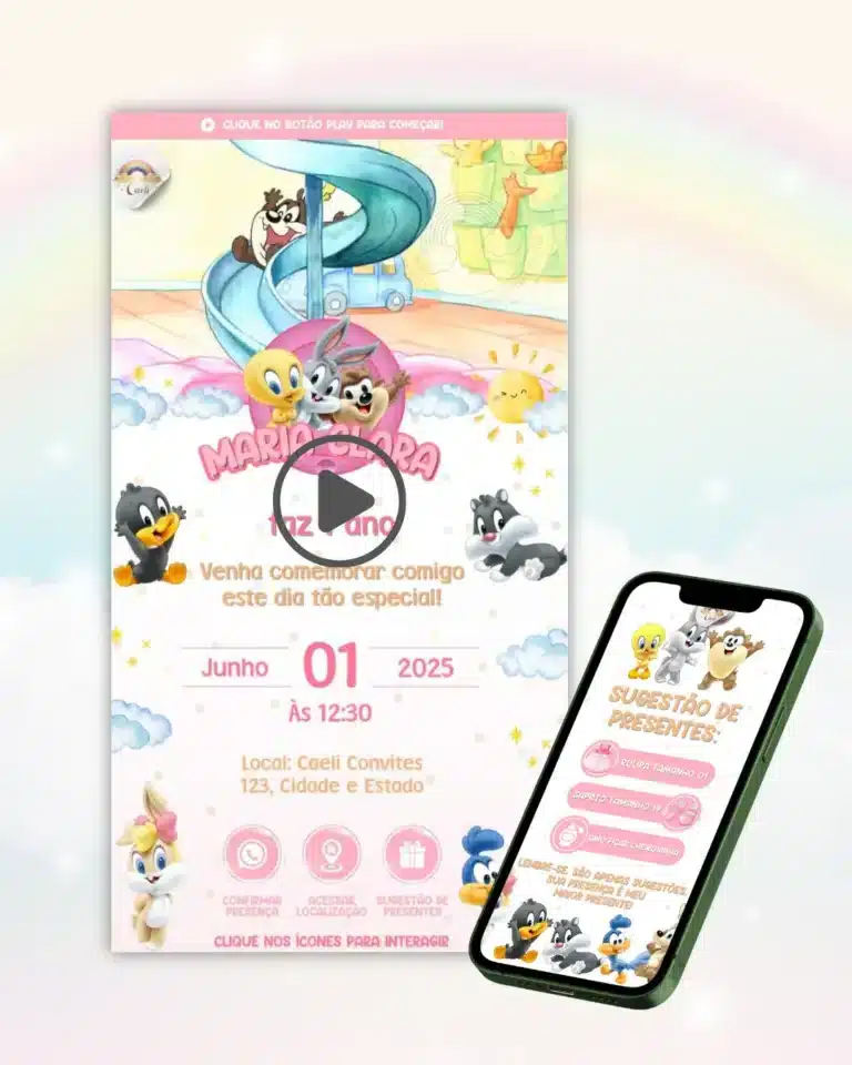 Convite Baby Looney Tunes Animado Interativo Menina