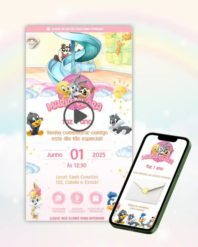 Convite Baby Looney Tunes Menina Animado Premium