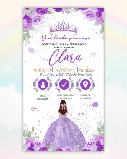 Convite Interativo 15 anos Lilás 1,Convite Interativo 15 anos Lilás 2