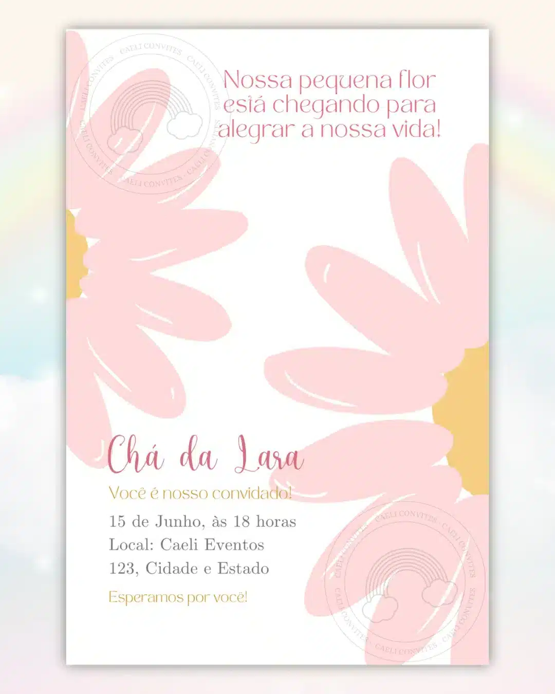 Convite Digital Chá de Bebê Lilás 3,Convite Chá de Bebê Margaridas Rosa