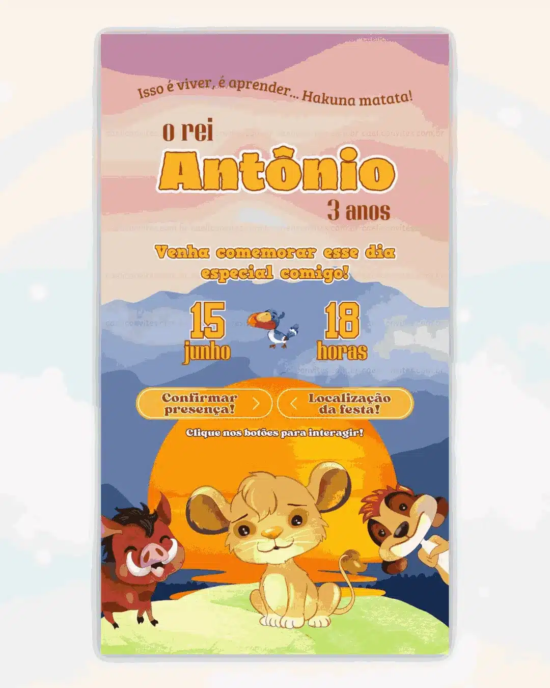 Convite Interativo Rei Leão Cute