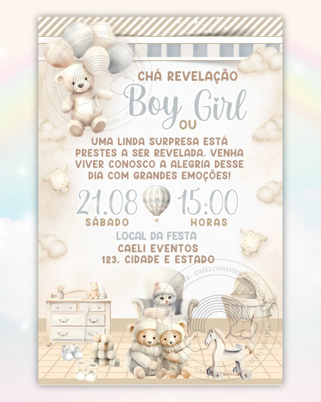 Convite Chá Revelação Neutro Cinza 3