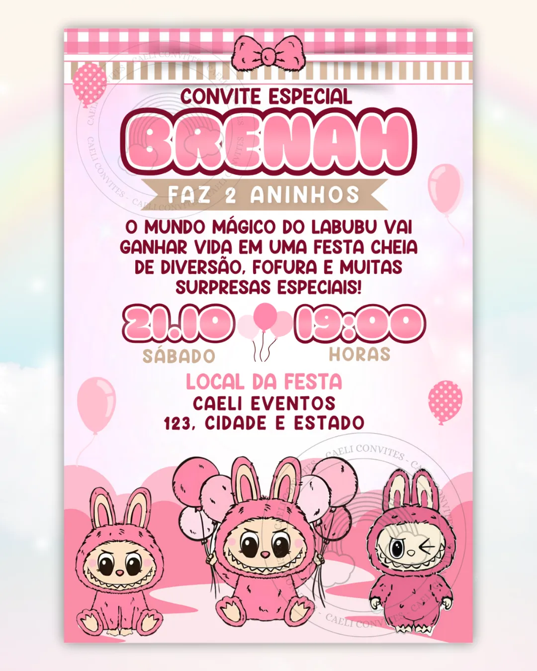 Convite Digital Labubu Rosa